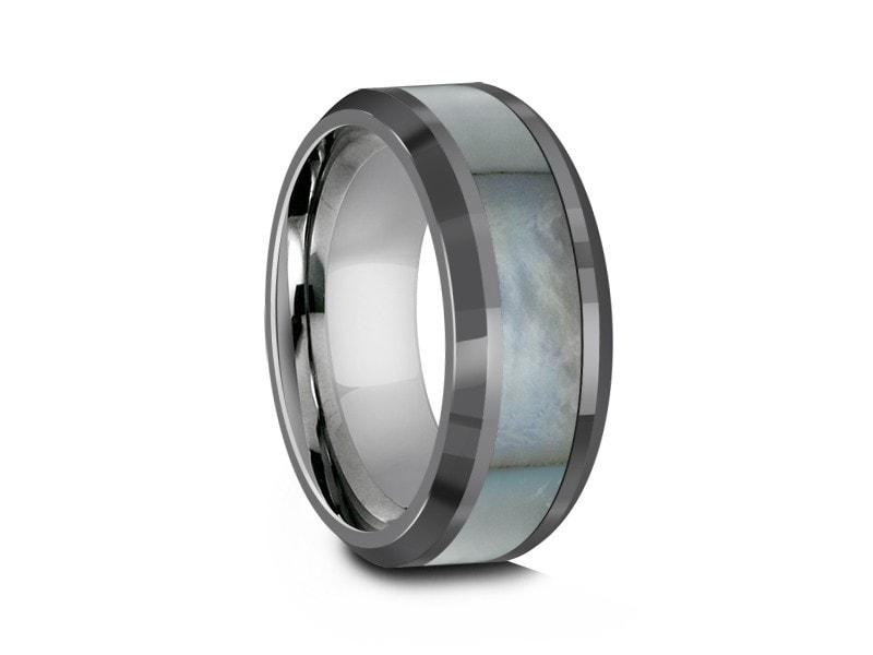 Mother of Pearl Inlay Tungsten Carbide Ring - Wedding Band - Engagement Ring - MOP Inlay - Beveled Shaped - Comfort Fit  8mm - Vantani Wedding Bands