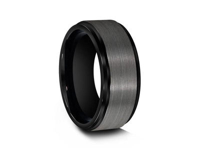 Brushed Gunmetal Tungsten Wedding Band - Engagement Ring -Black Inlay - Ridged Edges - Comfort Fit  8mm - Vantani Wedding Bands