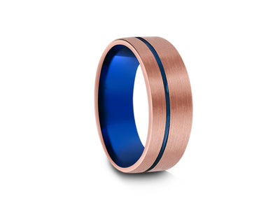 8MM BRUSHED ROSE GOLD TUNGSTEN WEDDING BAND BLUE LINE AND BLUE INTERIOR