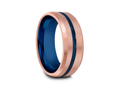 8MM BRUSHED ROSE GOLD TUNGSTEN WEDDING BAND BLUE CENTER AND BLUE INTERIOR