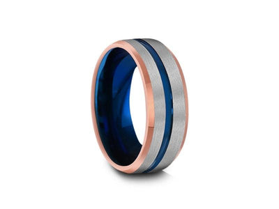 Blue Gunmetal Tungsten Wedding Band - Brushed Polished - Rose Gold Plated inlay - Engagement Ring - Beveled Shaped - Comfort Fit   8MM - Vantani Wedding Bands
