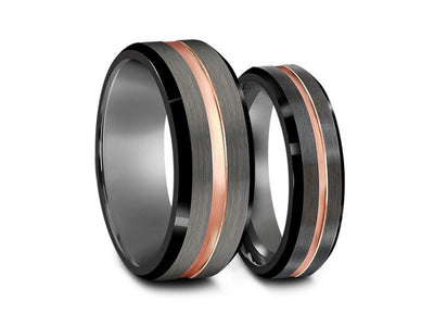Tungsten Matching Wedding Band Set - Matching Bands - His/Hers - Engagement Ring Set - Three Tone Bands - Beveled Shaped - Comfort Fit  6mm/8mm - Vantani Wedding Bands