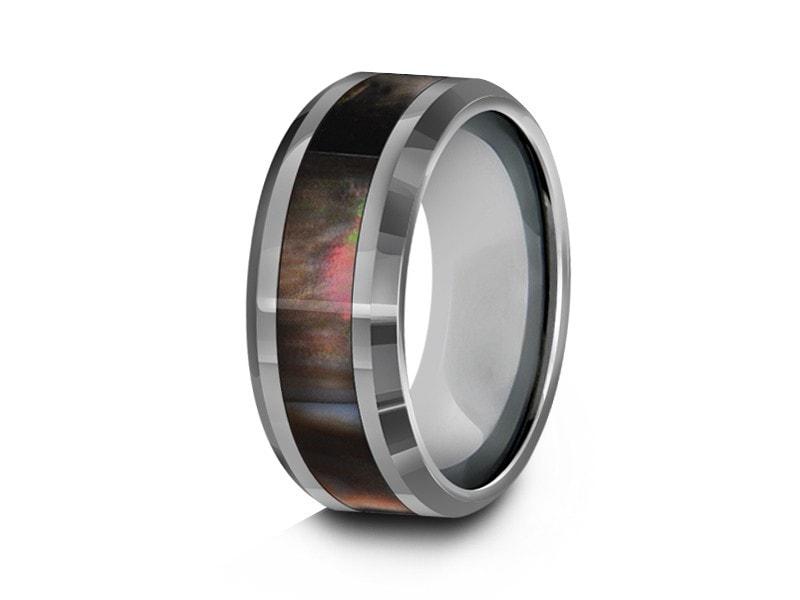 Mother of Pearl Inlay Tungsten Ring - Wedding Band - Engagement Ring - MOP Inlay - Beveled Shaped - Comfort Fit  8mm - Vantani Wedding Bands