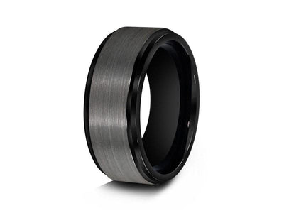 Brushed Gunmetal Tungsten Wedding Band - Engagement Ring -Black Inlay - Ridged Edges - Comfort Fit  8mm - Vantani Wedding Bands