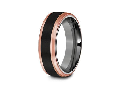 Brushed Black Tungsten Wedding Band - Rose Gold Edges - Three Tone Ring - Engagement Band - Ridged Edges - Comfort Fit  6mm - Vantani Wedding Bands