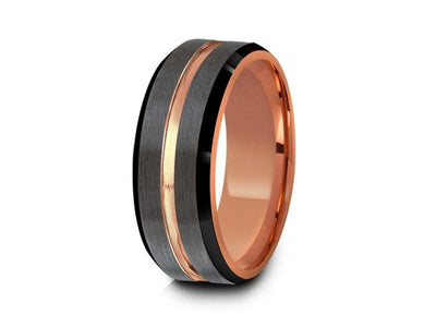 Rose Gold Tungsten Wedding Band - Brushed Polished - Engagement Ring - Three Tone - Beveled Shaped - Comfort Fit  8mm - Vantani Wedding Bands