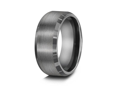 Brushed and Polished Tungsten Wedding Band - Gray Gunmetal - Engagement Ring - Beveled Shaped - Comfort Fit   8mm - Vantani Wedding Bands