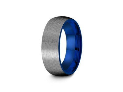 Brushed Tungsten Wedding Band - Blue Plated Inlay - Gunmetal - Two Tone - Engagement Ring - Dome Shaped - Comfort Fit  8mm - Vantani Wedding Bands