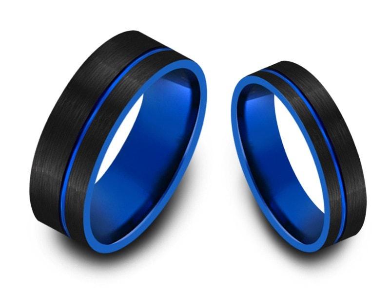 MZZJ Free Engraved Personalized Couple Matching Ring Brushed 8MM Two-tone  Black Blue Tungsten Carbide Step Edge Wedding Rings for Him Her,Anniversary