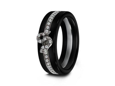 Black Ceramic Ring With CZ's Inlay - Wedding Band - Anniversary Ring - Engagement Band - Flat Shaped - Comfort Fit  6mm - Vantani Wedding Bands