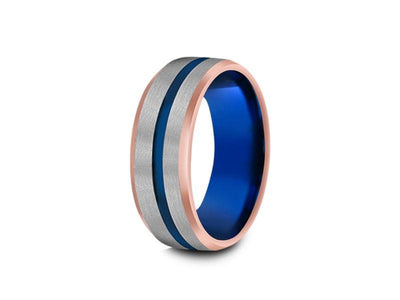 Blue Gunmetal Tungsten Wedding Band - Brushed Polished - Rose Gold Plated inlay - Engagement Ring - Beveled Shaped - Comfort Fit   8MM - Vantani Wedding Bands
