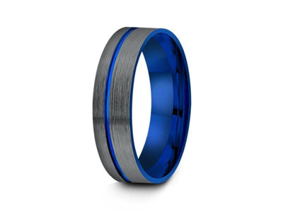 Brushed and Blue Tungsten Wedding Band - Engagement Ring - Two Tone Band - Gunmetal - Flat Pipe Shaped - Comfort Fit - 6MM - Vantani Wedding Bands