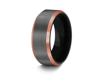 Brushed Tungsten Wedding Band - Gunmetal - Rose Gold Inlay - Engagement Ring - Beveled Shaped - Comfort Fit  8mm - Vantani Wedding Bands