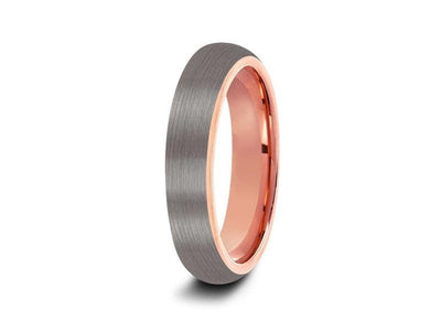 Rose Gold Tungsten Wedding Band - Gray Brushed Ring - Rose Gold Plated Inlay - Two Tone - Dome Shaped - Comfort Fit  6mm - Vantani Wedding Bands
