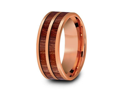 HAWAIIAN Koa Wood Inlay Tungsten Carbide Rose Gold Ring - Koa Wood Wedding Band - Engagement Ring - Flat Shaped - Comfort Fit  8mm - Vantani Wedding Bands