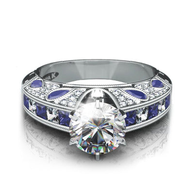 18K White Gold Engagement Ring With Diamonds And Sapphires