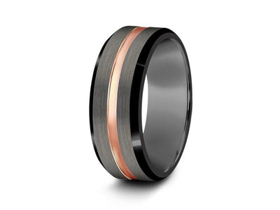 Brushed Tungsten Wedding Band - Rose Gold Plated Inlay - Engagement Ring - Beveled Shaped - Comfort Fit  8mm - Vantani Wedding Bands
