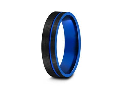 Blue Tungsten Carbide Wedding Band - Black Brushed Ring - Two Tone Band - Engagement Ring - Flat Shaped - Comfort Fit  6mm - Vantani Wedding Bands
