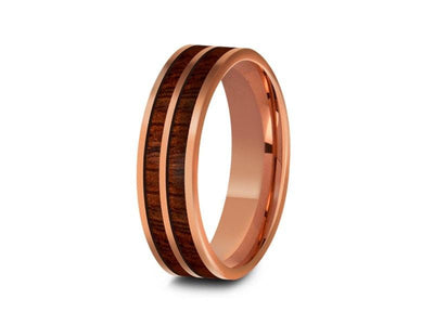HAWAIIAN Koa Wood Inlay Tungsten Carbide Rose Gold Ring - Koa Wood Wedding Band - Engagement Band - Flat Shaped -  Comfort Fit  6mm - Vantani Wedding Bands