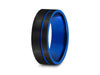 Blue Tungsten Carbide Wedding Band - Black Brushed Ring - Two Tone Band - Engagement Ring - Flat Shaped - Comfort Fit  8mm - Vantani Wedding Bands