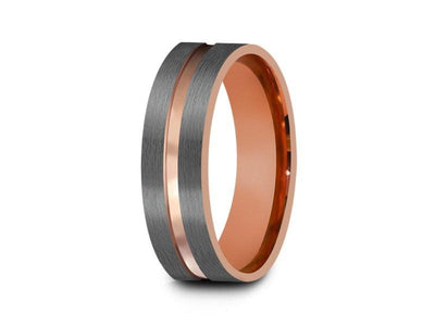 Rose Gold Tungsten Wedding Band - Gray Brushed Ring - Rose Gold Plated Inlay - Two Tone - Flat Shaped - Comfort Fit  6mm - Vantani Wedding Bands
