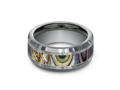 Abalone Shell Tungsten Carbide Wedding Band - Abalone Inlay Ring - Shell Ring - Engagement Band - Beveled Shaped - Comfort Fit  8mm - Vantani Wedding Bands
