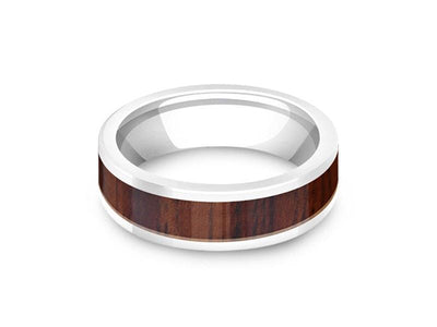 HAWAIIAN Koa Wood Inlay White Ceramic Ring - Ceramic Wedding Band - 5th. Anniversary - Flat Shaped - Engagement Ring -  Comfort Fit  6mm - Vantani Wedding Bands