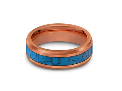 Rose Gold & Turquoise Tungsten Wedding Band - Turquoise Inlay - Engagement Ring - Two Tone - Beveled Shaped - Comfort Fit  6mm - Vantani Wedding Bands