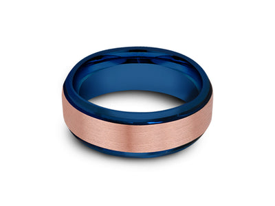 8MM BRUSHED ROSE GOLD TUNGSTEN WEDDING BAND BEVELED AND BLUE INTERIOR