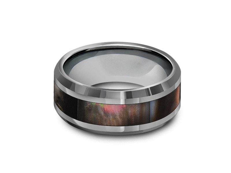 Mother of Pearl Inlay Tungsten Ring - Wedding Band - Engagement Ring - MOP Inlay - Beveled Shaped - Comfort Fit  8mm - Vantani Wedding Bands