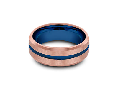 8MM BRUSHED ROSE GOLD TUNGSTEN WEDDING BAND BLUE CENTER AND BLUE INTERIOR