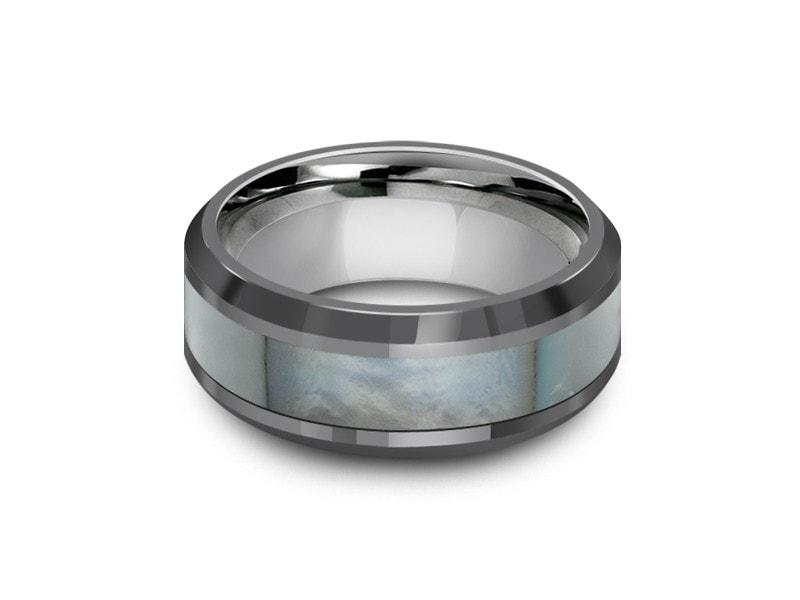 Mother of Pearl Inlay Tungsten Carbide Ring - Wedding Band - Engagement Ring - MOP Inlay - Beveled Shaped - Comfort Fit  8mm - Vantani Wedding Bands