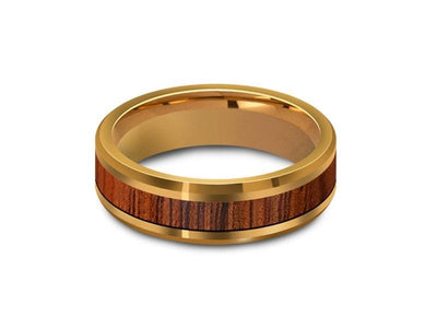 HAWAIIAN Koa Wood Inlay Tungsten Carbide Ring - Yellow Gold Plated - Koa Wood Wedding Band - Engagement Ring - Beveled Shaped - Comfort Fit  6mm - Vantani Wedding Bands