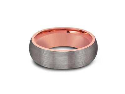 Rose Gold Tungsten Wedding Band - Gray Brushed Ring - Rose Gold Plated Inlay - Two Tone - Dome Shaped - Comfort Fit  8mm - Vantani Wedding Bands