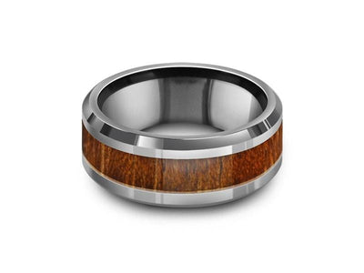 HAWAIIAN Koa Wood Inlay Tungsten Carbide Ring - Koa Wood  Wedding Band - Engagement Ring - Beveled Shaped - Comfort Fit  8mm - Vantani Wedding Bands