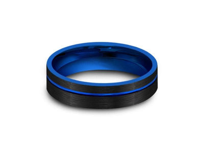 Blue Tungsten Carbide Wedding Band - Black Brushed Ring - Two Tone Band - Engagement Ring - Flat Shaped - Comfort Fit  6mm - Vantani Wedding Bands