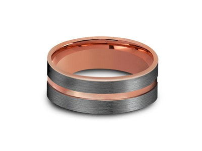 Rose Gold Tungsten Wedding Band - Gray Brushed Ring - Rose Gold Plated Inlay - Two Tone - Engagement Ring - Flat Shaped  - Comfort Fit 8mm - Vantani Wedding Bands