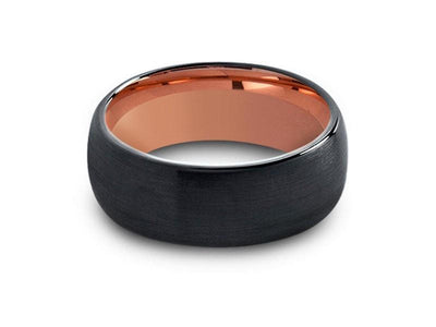 Rose Gold Tungsten Wedding Band - Black Brushed Ring - Engagement Band - Two Tone - Domed Shaped - Comfort Fit  8mm - Vantani Wedding Bands