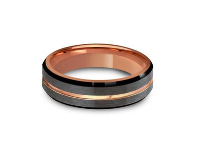 Rose Gold Tungsten Wedding Band - Brushed Polished - Engagement Ring - Three Tone - Beveled Shaped - Comfort Fit  6mm - Vantani Wedding Bands