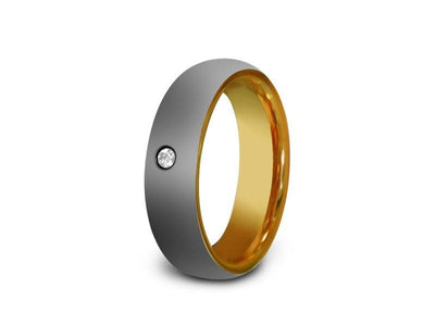 High Polish Yellow Gold Tungsten Wedding Band - Yellow Gold Plated Inlay - Engagement Ring - Two Tone - Dome Shaped - Comfort Fit  6mm - Vantani Wedding Bands
