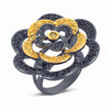 STERLING SILVER BLACK FLOWER RING WITH YELLOW AND BLACK CZ STONES