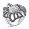 STERLING SILVER FLOWER RING WITH BLACK AND CLEAR CZ STONES