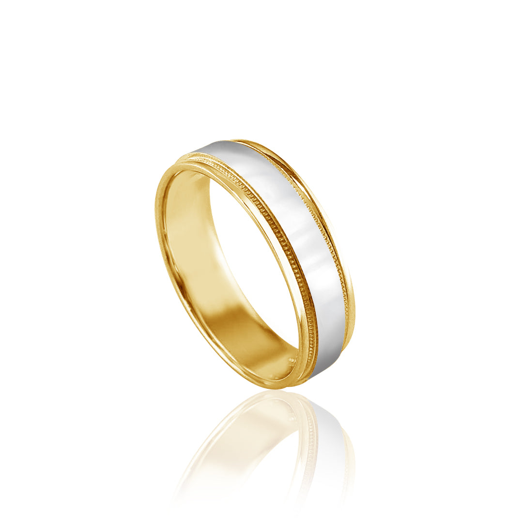 14K YELLOW/WHITE GOLD POLISH/FLAT 6.6MM WEDDING BAND - Kitsinian Jewelers