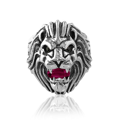 Sterling silver lion head ring with ruby and spinel