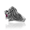 Sterling silver lion head ring with ruby and spinel