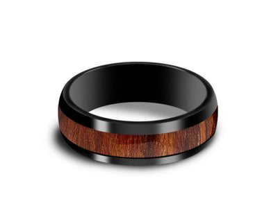 HAWAIIAN Koa Wood Inlay Black Ceramic Ring - Ceramic Wedding Band - 5th. Anniversary - Dome Shaped - Engagement Ring - Comfort Fit  6mm - Vantani Wedding Bands