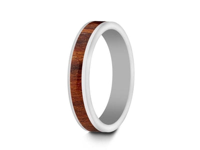 HAWAIIAN Koa Wood Inlay White Ceramic Ring - Ceramic Wedding Band - 5th. Anniversary - Flat Shaped - Engagement Ring - Comfort Fit  4mm - Vantani Wedding Bands