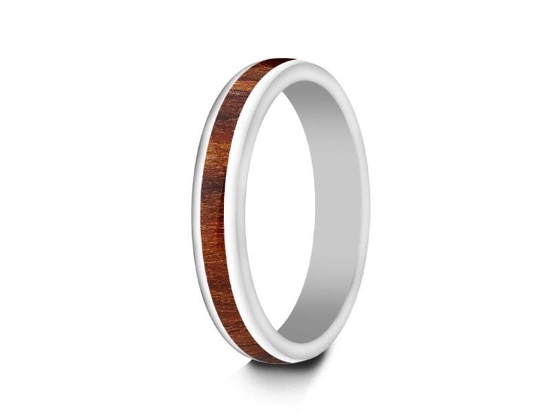 HAWAIIAN Koa Wood Inlay White Ceramic Ring - Ceramic Wedding Band - 5th. Anniversary - Dome Shaped - Engagement Ring - Comfort Fit  4mm - Vantani Wedding Bands