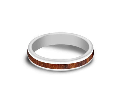HAWAIIAN Koa Wood Inlay White Ceramic Ring - Ceramic Wedding Band - 5th. Anniversary - Dome Shaped - Engagement Ring - Comfort Fit  4mm - Vantani Wedding Bands