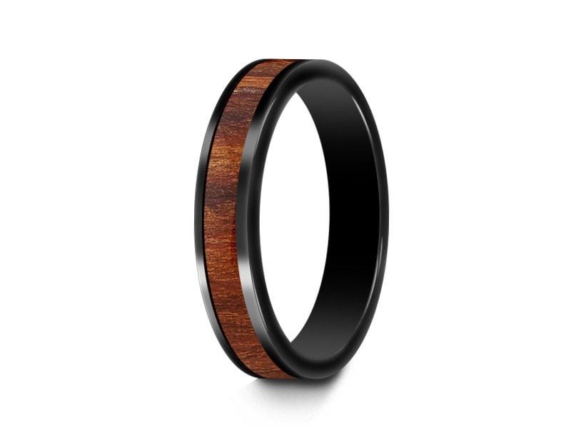 HAWAIIAN Koa Wood Inlay Black Ceramic Band - Ceramic Wedding Band - 5th. Anniversary - Engagement Ring - Flat Shaped  - Comfort Fit  4mm - Vantani Wedding Bands